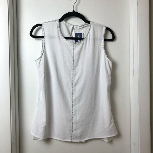 Calvin Klein White silky Tank Blouse Top trimmed in black thread Size S New - Picture 3 of 13